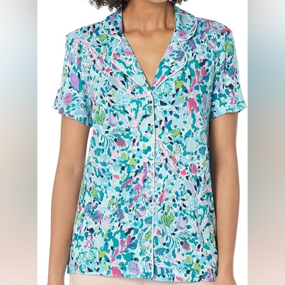 Lilly Pulitzer Coral Printed Button Up Short Sleeve PJ Top Size Small
